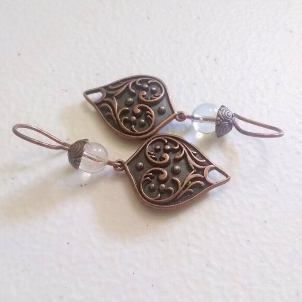 Gorgeous, Heavy & Ornate! Handmade Copper + Clear Quartz Statement Earrings - Picture 7 of 13